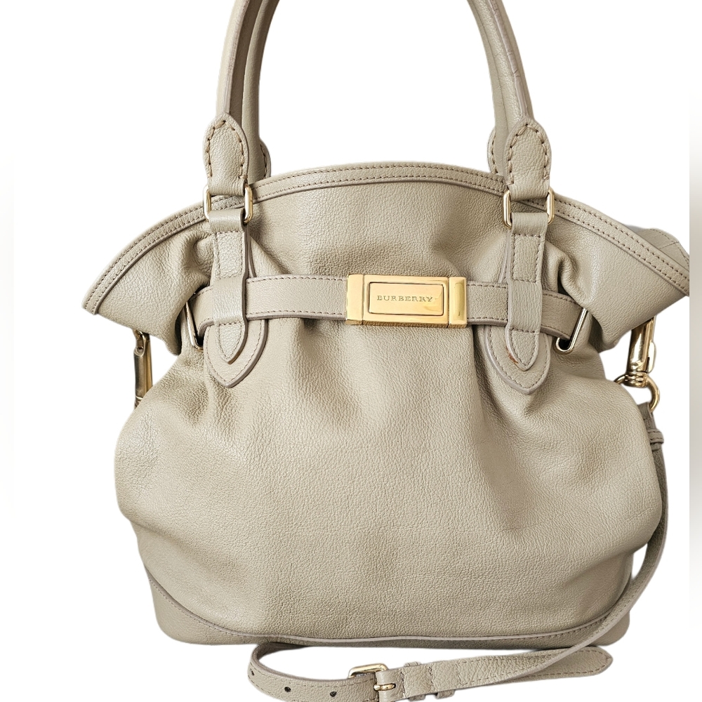 Burberry Large Leather Beige Taupe Two Way Shoulder Handbag Satchel Purse